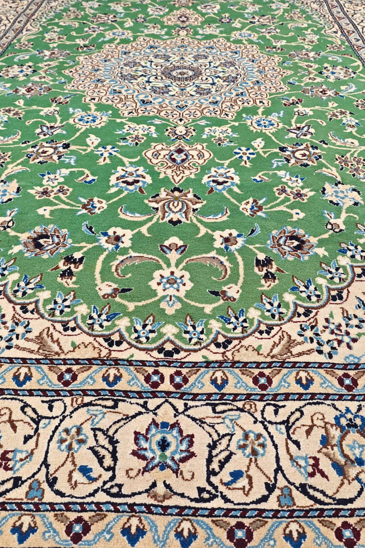 Pistachio-Green Medallion Persian Nain, Hand-Knotted Wool Rug