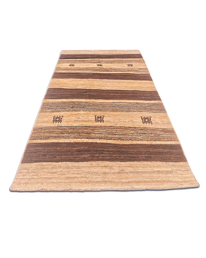 Brown &amp; Cream Banded Gabbeh, Hand-Knotted Afghan Wool Rug