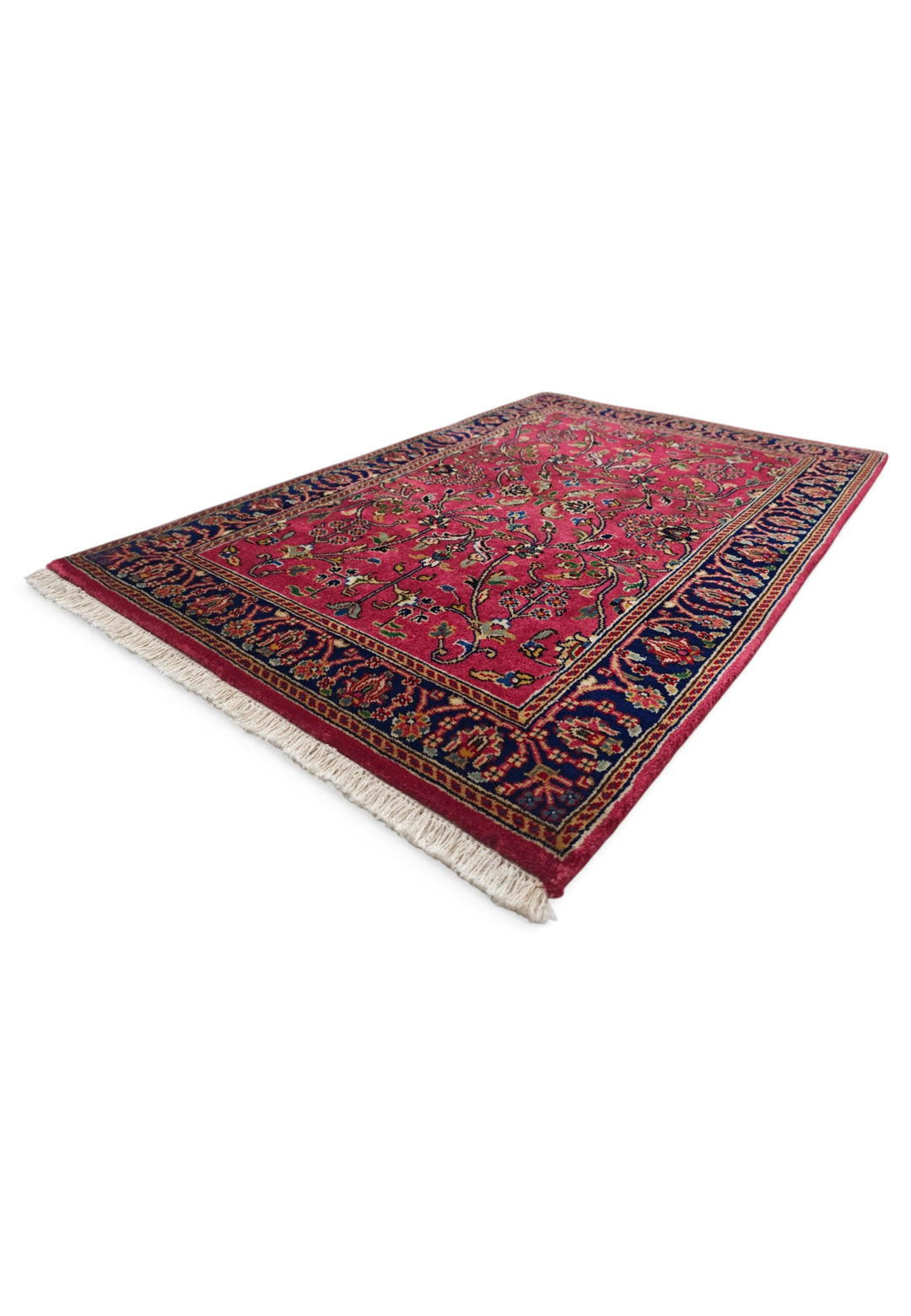 Magenta and Navy Hereke Floral, Hand-Knotted Wool Rug