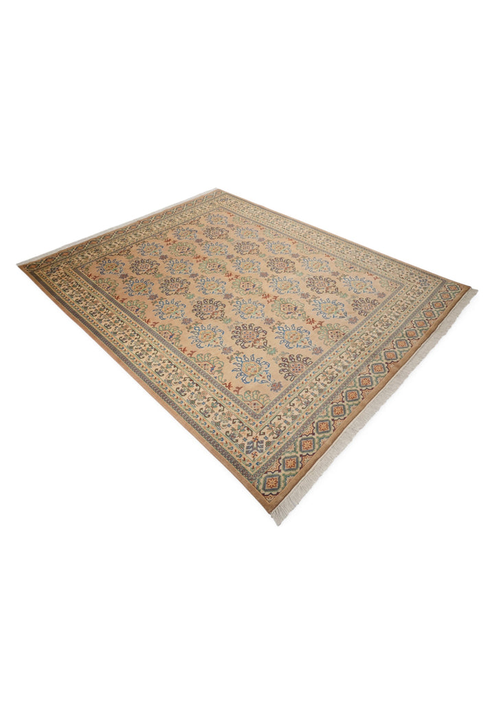 Apricot and Slate Blue Alternating Palmette, Hand-Knotted Wool and Silk Rug
