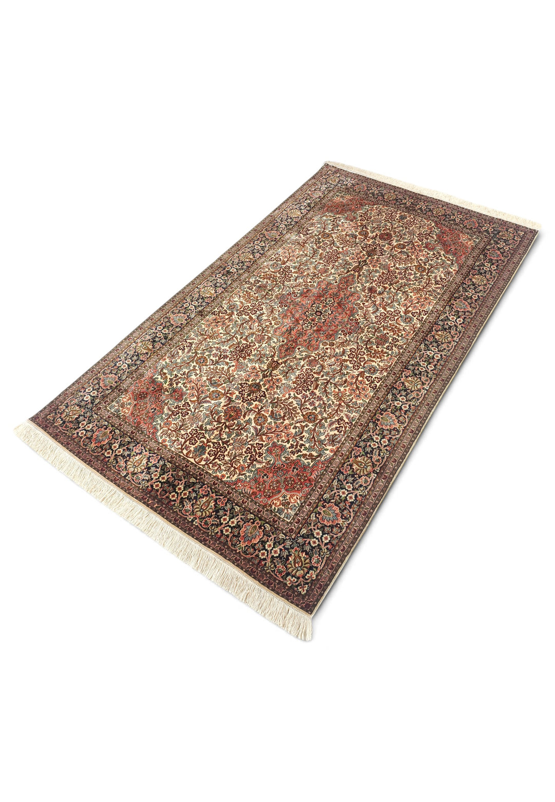Ivory and Rust Floral Medallion, Hand-Knotted Silk Rug