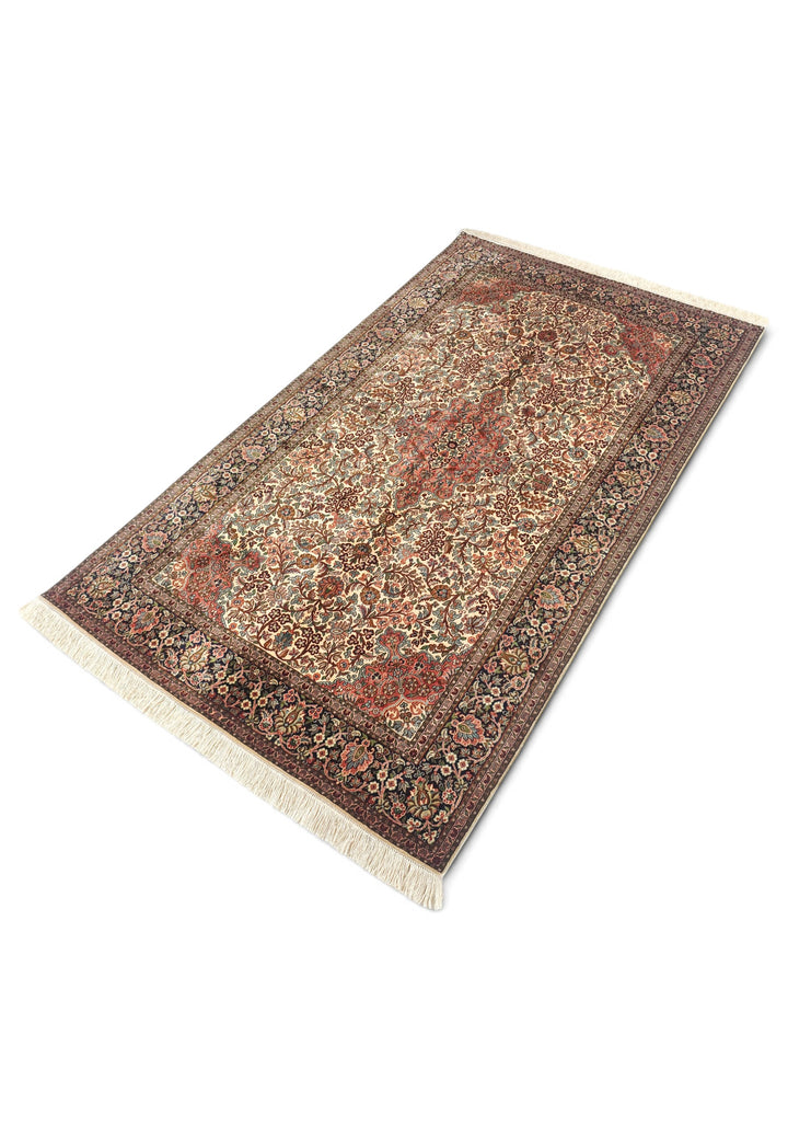 Ivory and Rust Floral Medallion, Hand-Knotted Silk Rug