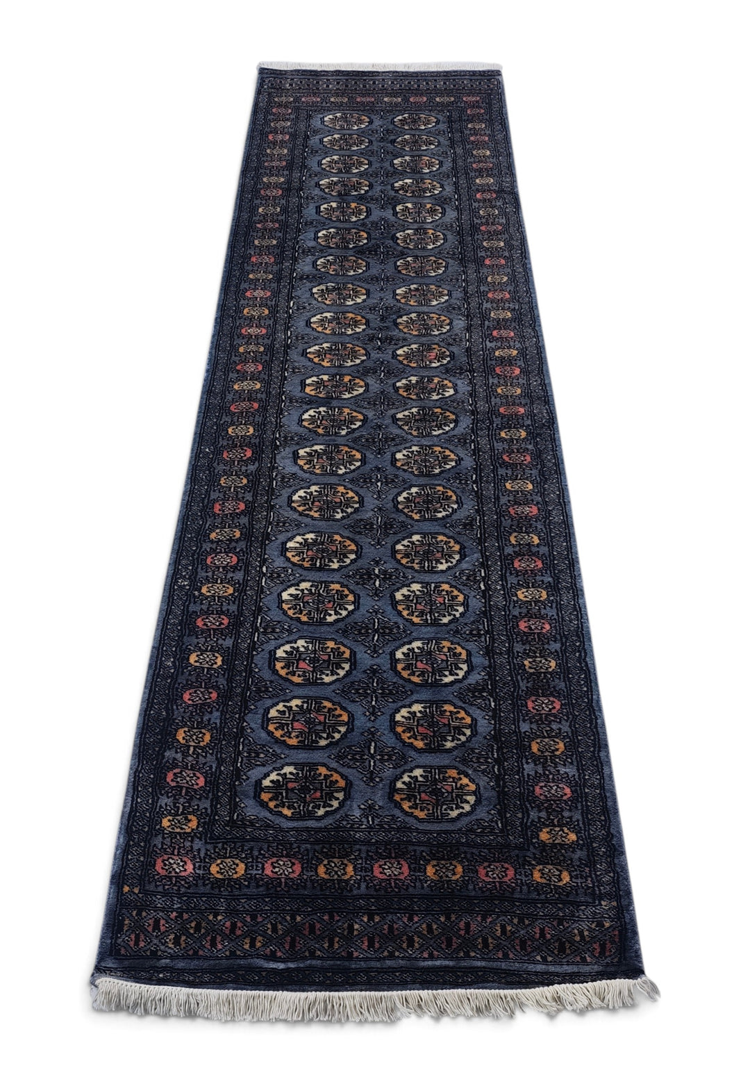 Slate Blue and Cream Turkmen Gül Bokhara, Hand-Knotted Wool Rug
