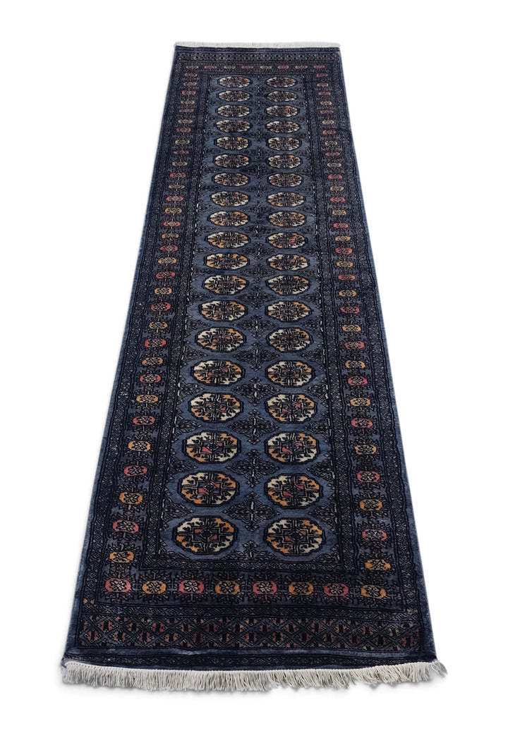 Slate Blue and Cream Turkmen Gül Bokhara, Hand-Knotted Wool Rug