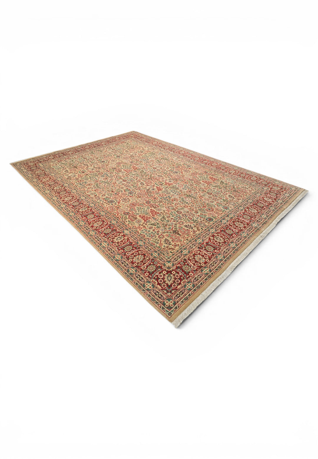 Cream and Red Floral, Hand-Knotted Pakistani Wool Rug
