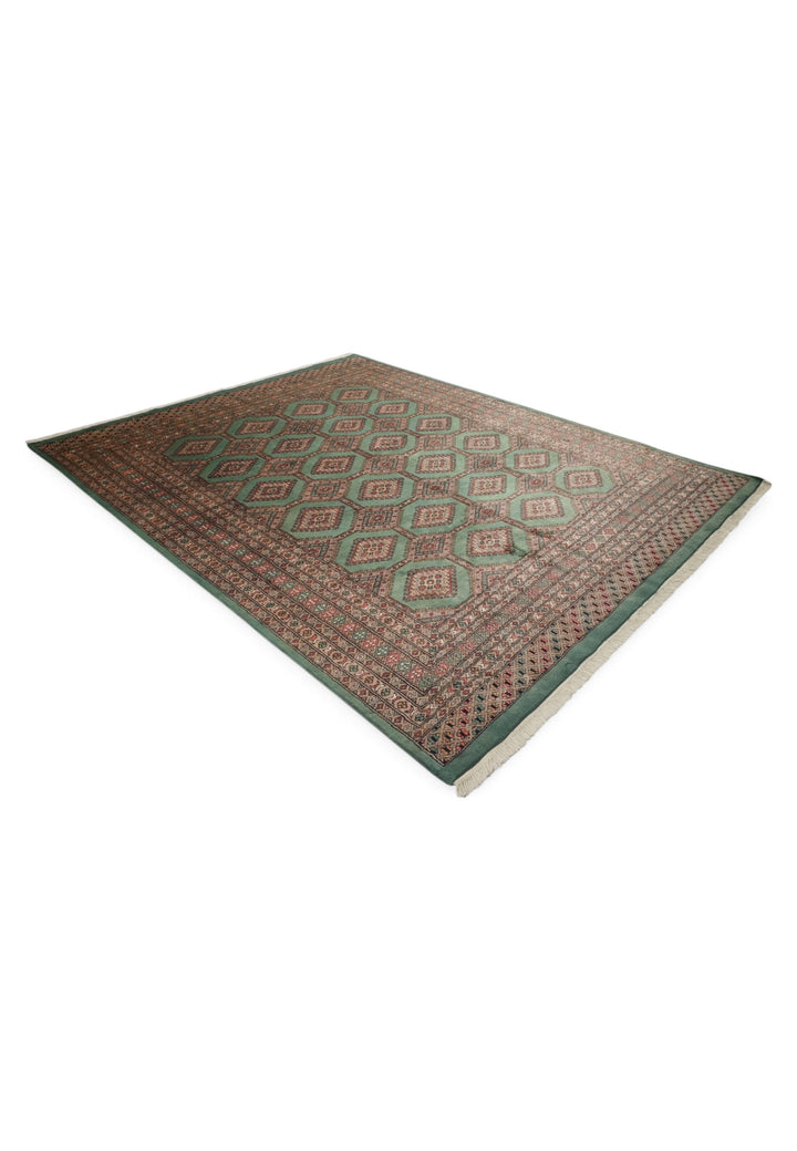 Sage Green and Taupe Compartment Lattice Bokhara, Hand-Knotted Wool Rug