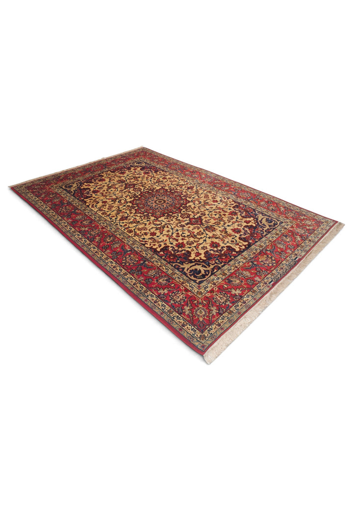 Gold and Red Medallion Sirafian Isfahan, Hand-Knotted Wool Rug