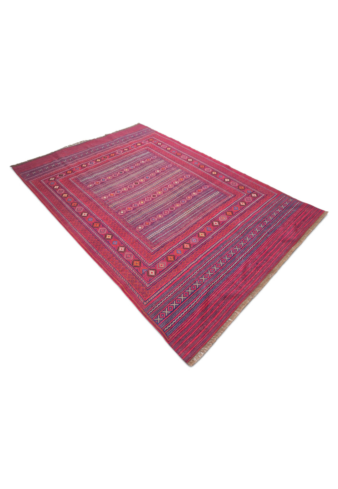 Magenta and Rose Banded Kilim, Hand-Woven Wool