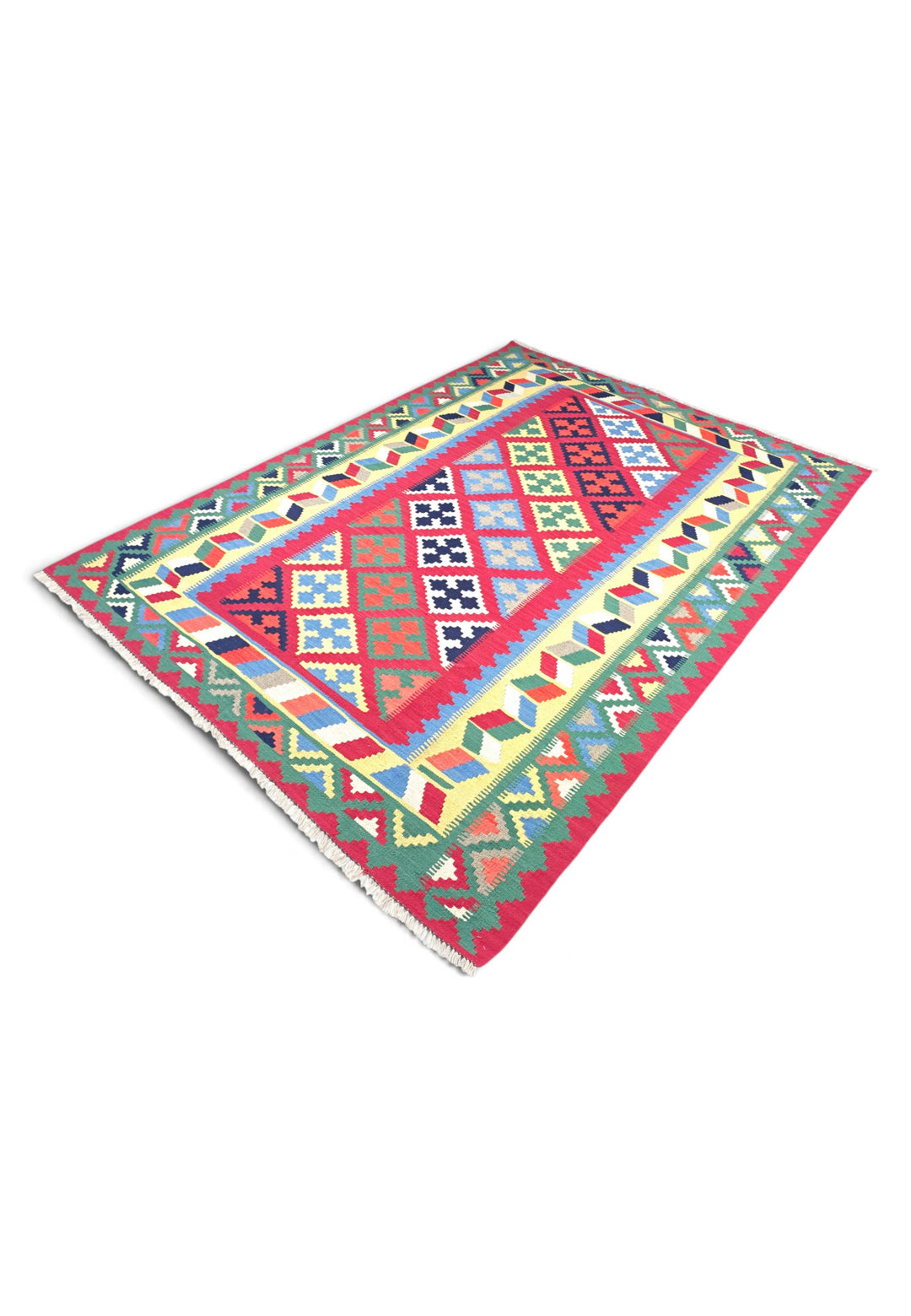 Cerise and Green Qashqai Medallion Kilim, Hand-Woven Wool