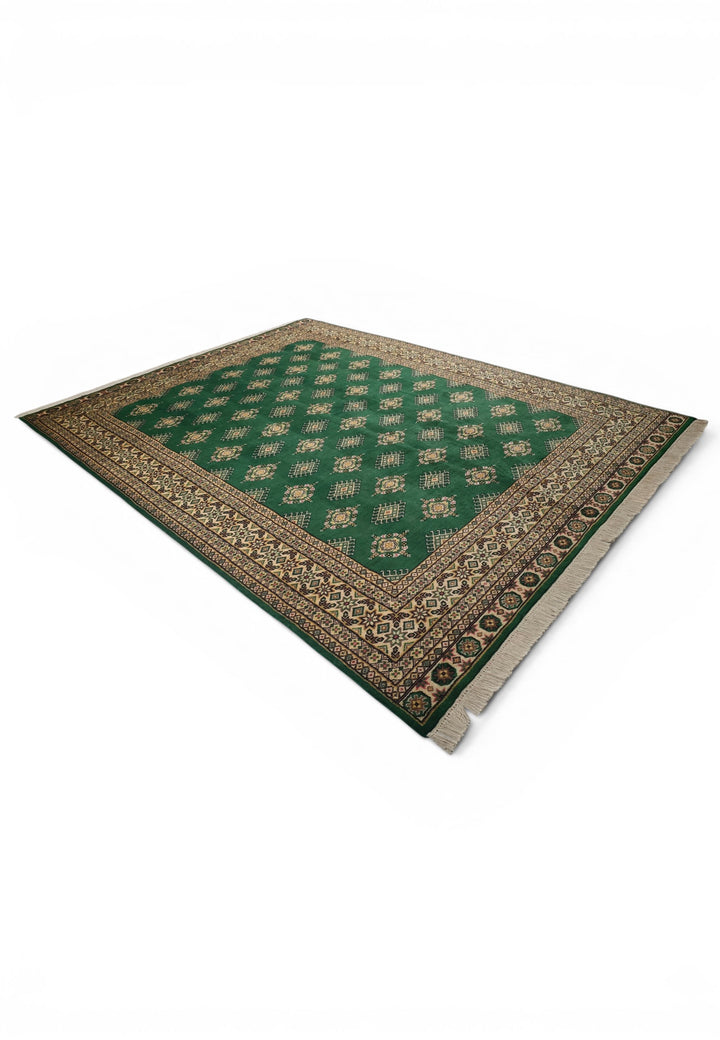 Pine Green &amp; Cream Diamond Jaldar Rug, Hand-Knotted Pakistani Wool