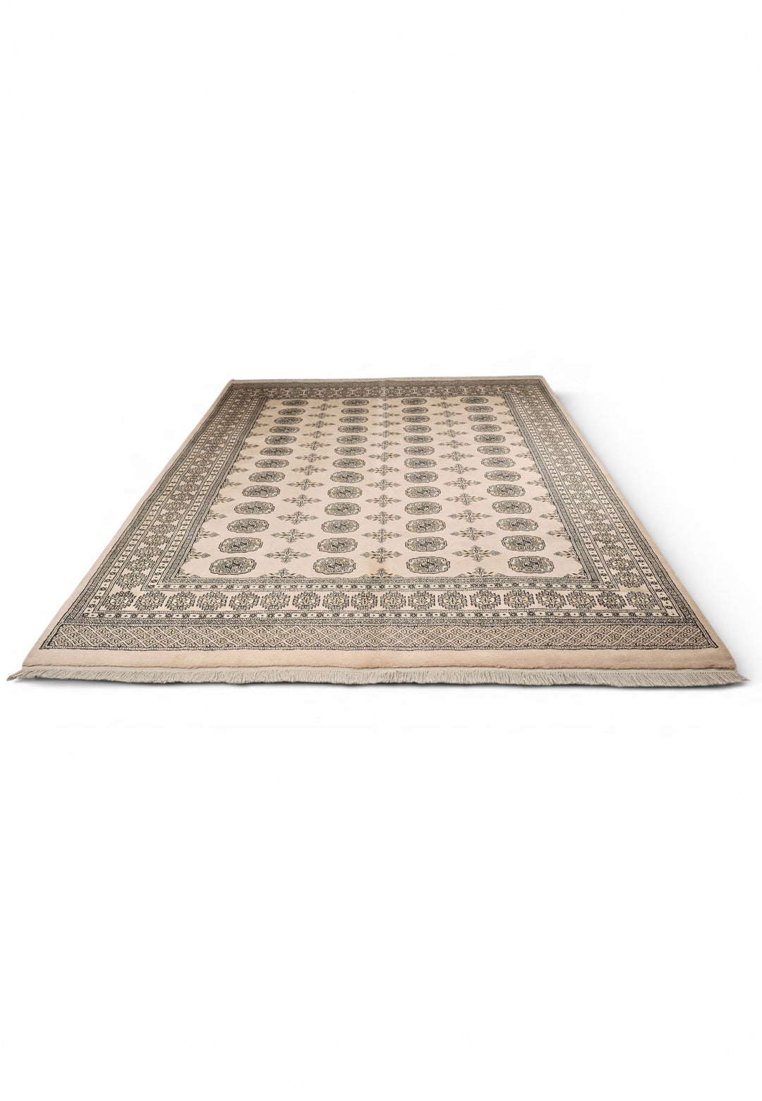 Camel Beige &amp; Charcoal Turkmen Gül Bokhara Rug, Hand-Knotted Pakistani Wool