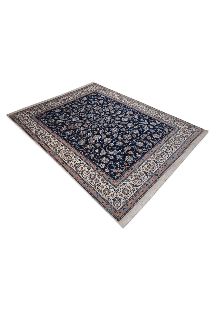 Navy and Ivory All-Over Arabesque Nain, Hand-Knotted Wool Rug