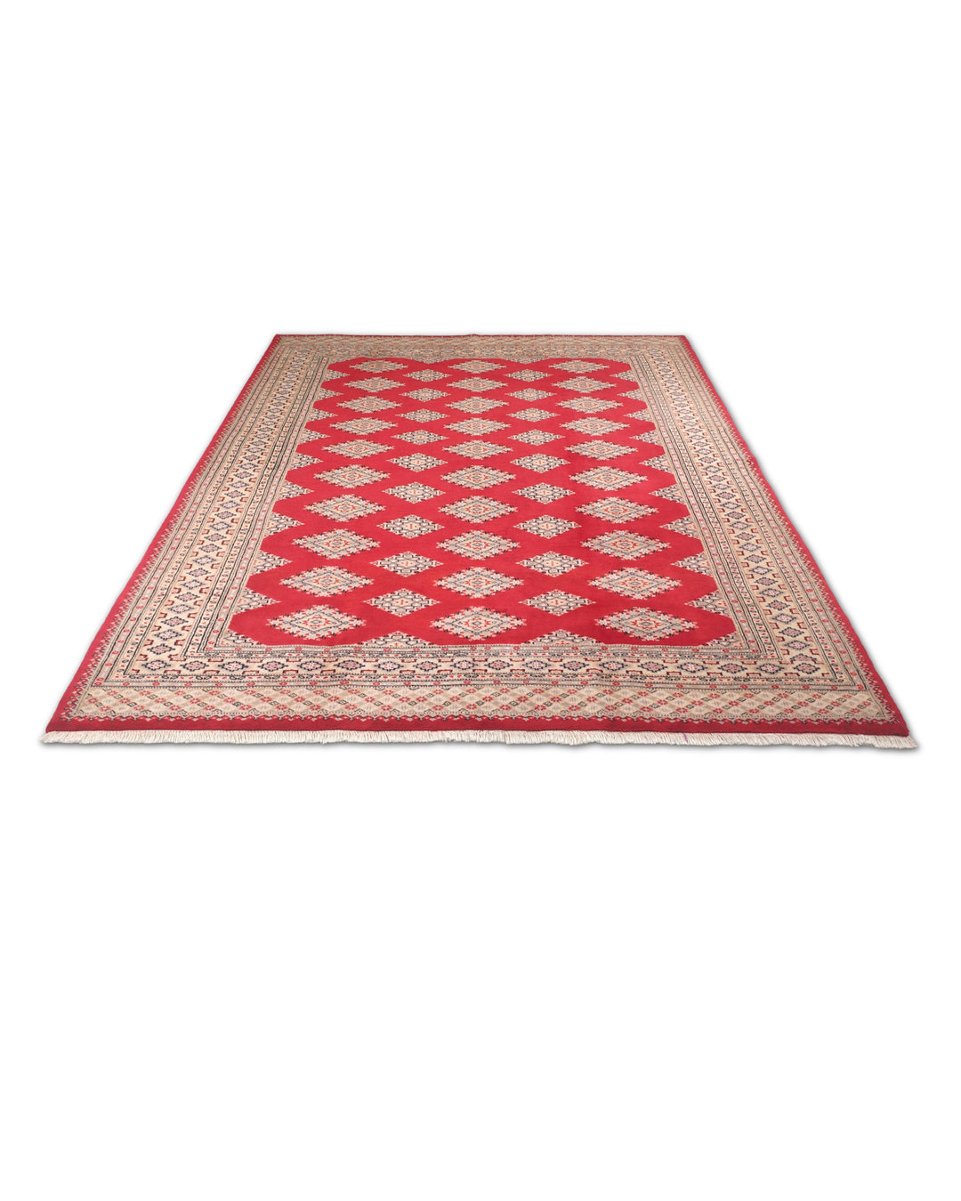 Crimson and Camel Jaldar Diamond Gül, Hand-Knotted Wool and Silk Rug