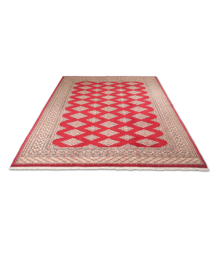 Crimson and Camel Jaldar Diamond Gül, Hand-Knotted Wool and Silk Rug