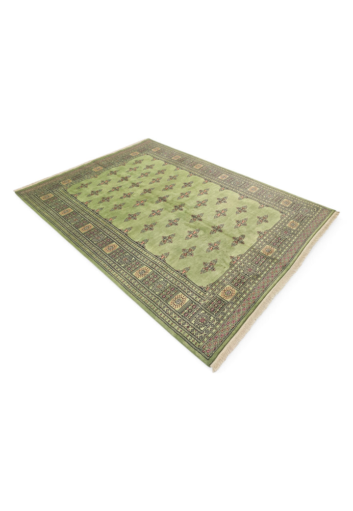 Olive Green Open Field Bokhara, Hand-Knotted Wool Rug