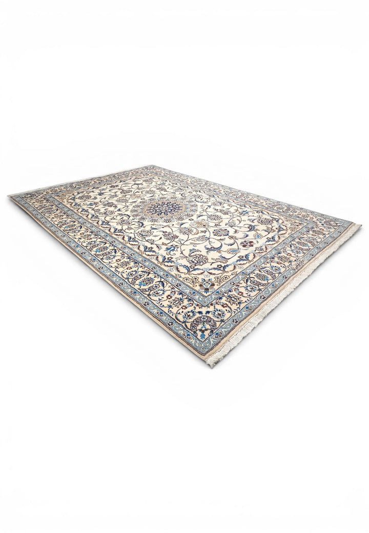 Ivory &amp; Blue Floral Persian Nain, Hand-Knotted Wool Rug