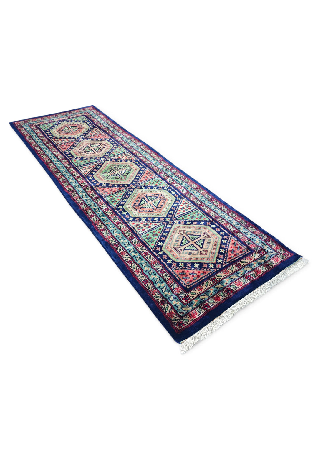 Navy and Rose Hexagonal Medallion Kazak, Hand-Knotted Wool Rug