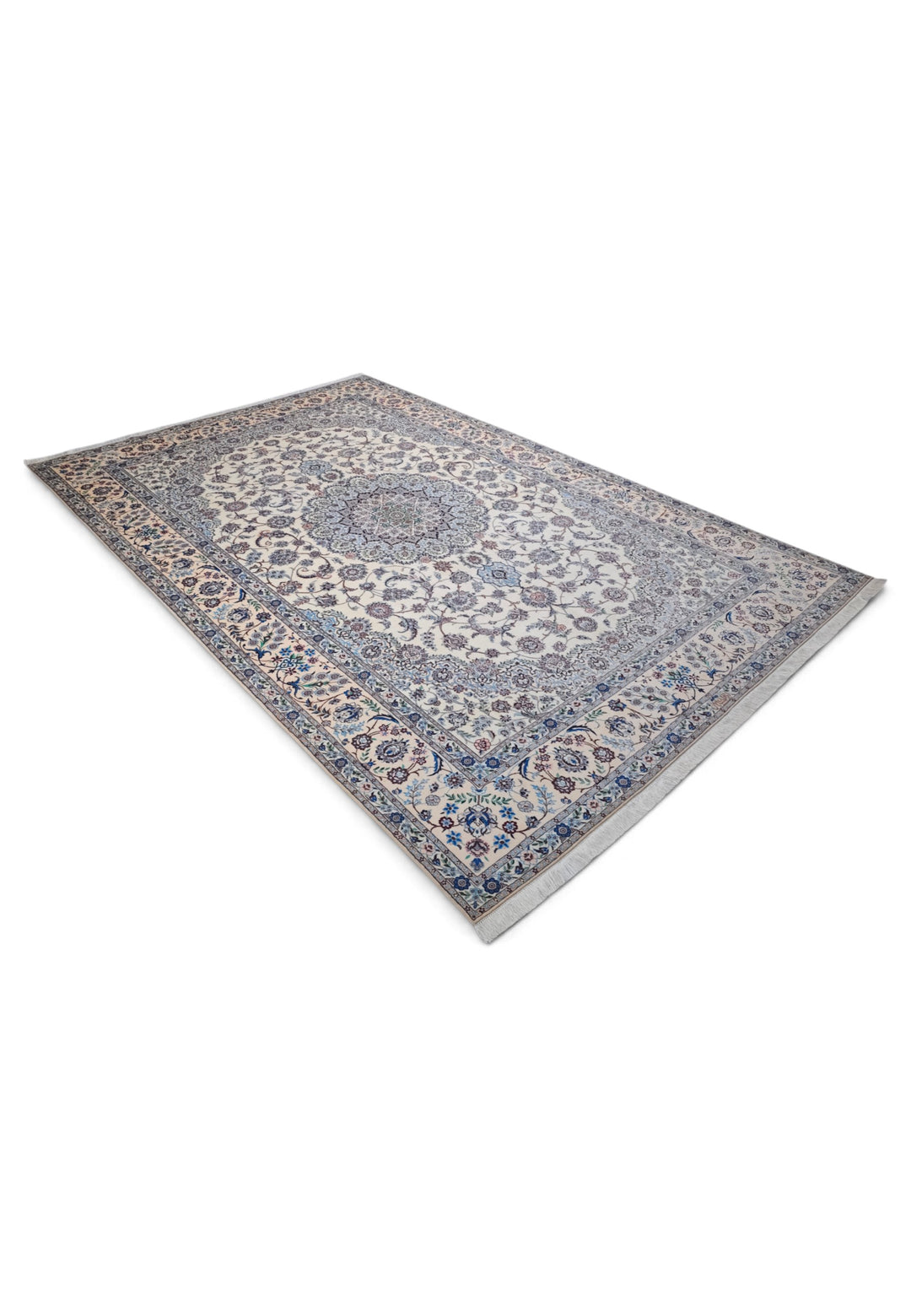 Ivory and Blue Bird Border Medallion Nain, Hand-Knotted Wool Rug