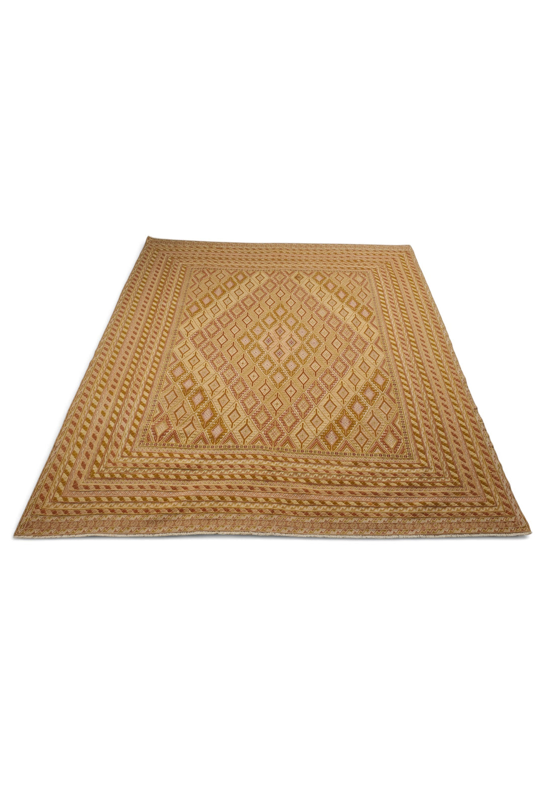 Gold and Cream Diamond Lattice Kilim, Hand-Woven Wool