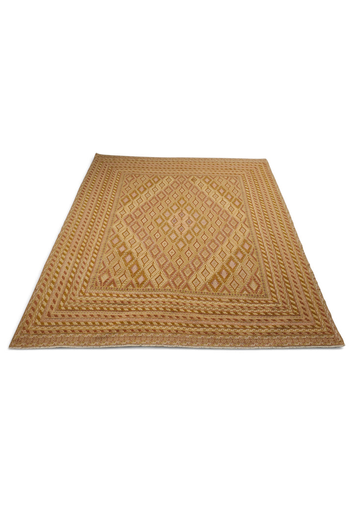 Gold and Cream Diamond Lattice Kilim, Hand-Woven Wool