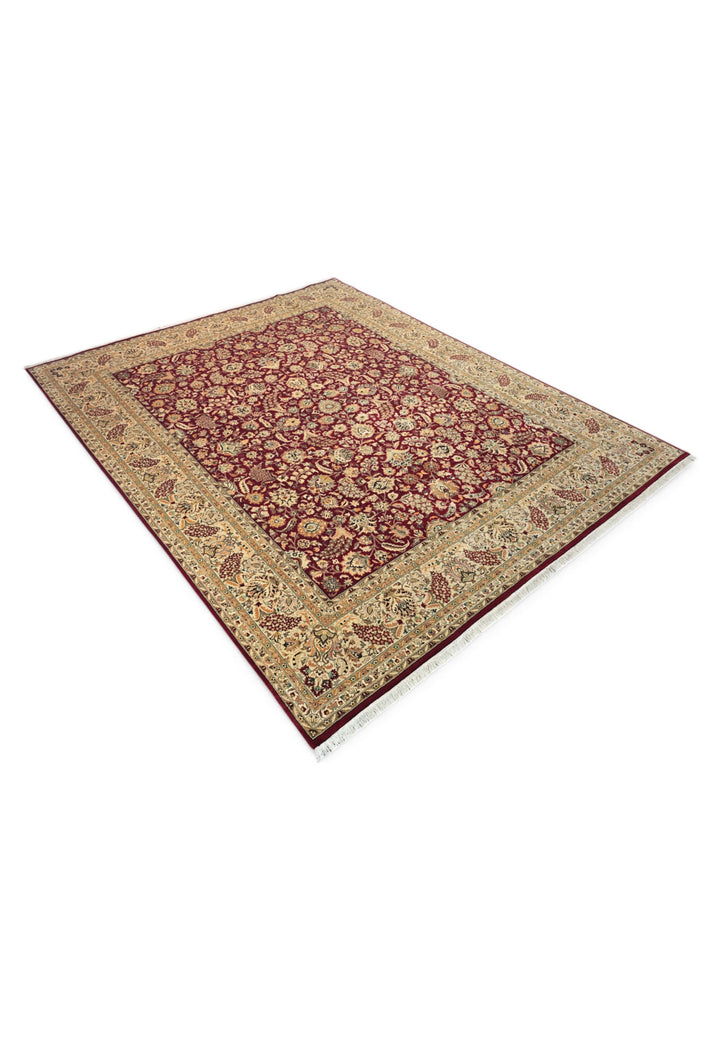 Burgundy and Camel Shah Abbasi Floral, Hand-Knotted Wool Rug