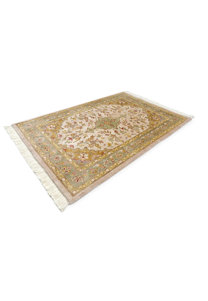 Blush and Ochre Medallion Tabriz, Hand-Knotted Wool and Silk Rug