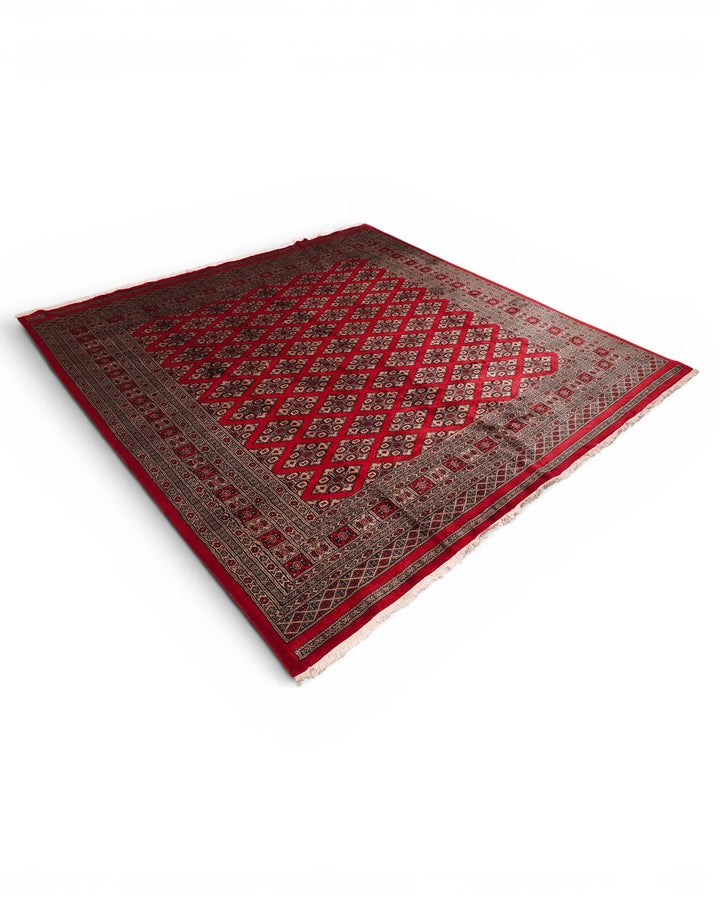 Red Diamond Pakistani Jaldar, Hand-Knotted Wool Rug