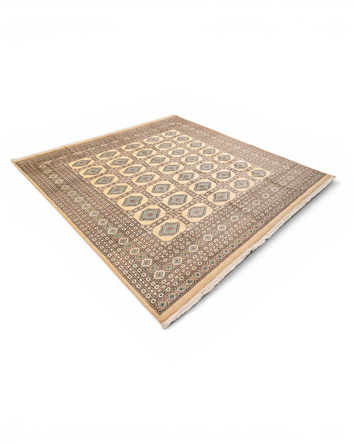 Camel Turkmen Gül Bokhara Square Rug, Hand-Knotted Pakistani Wool