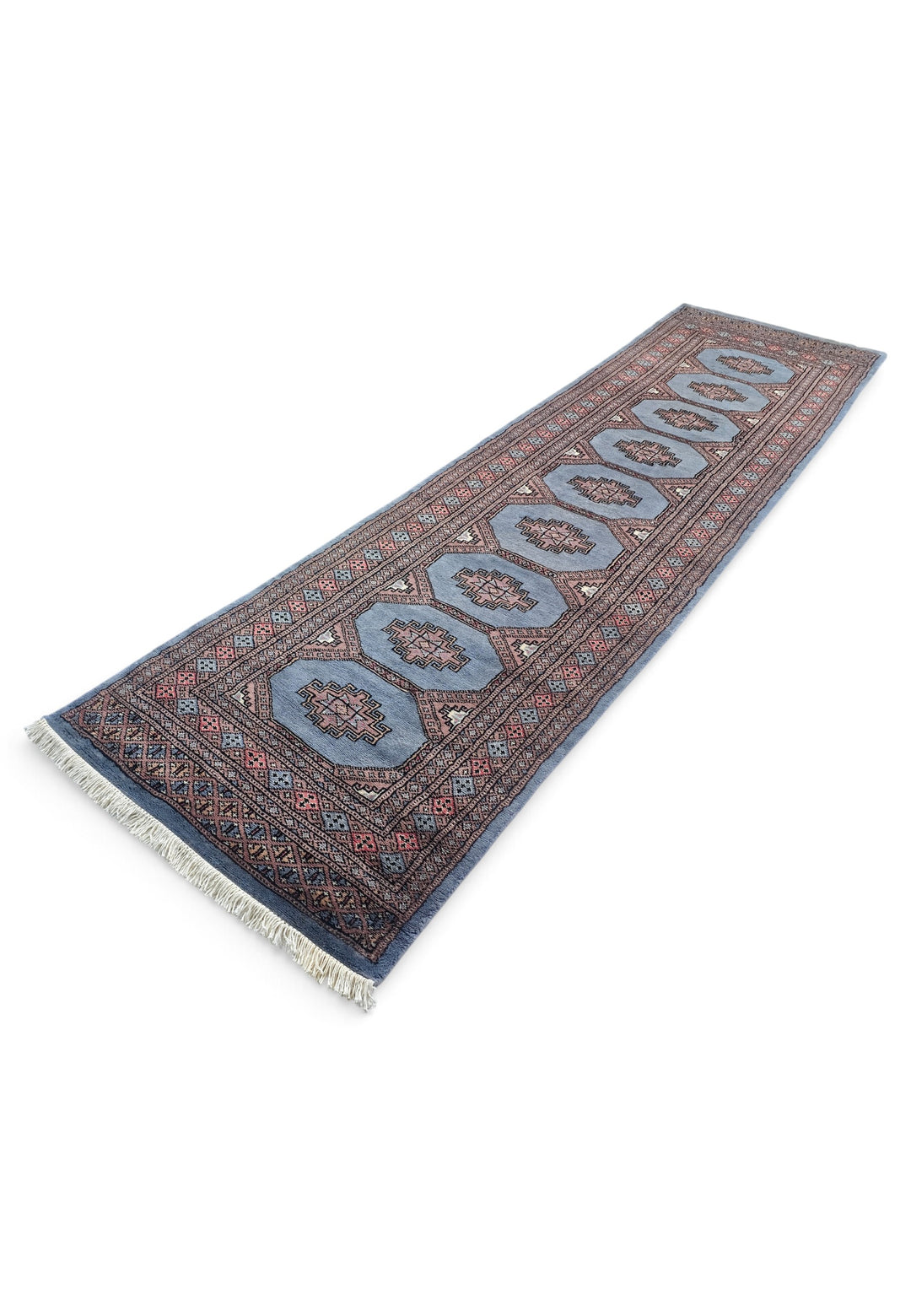 Dusty Blue and Rose Turkmen Gül Bokhara, Hand-Knotted Wool Rug