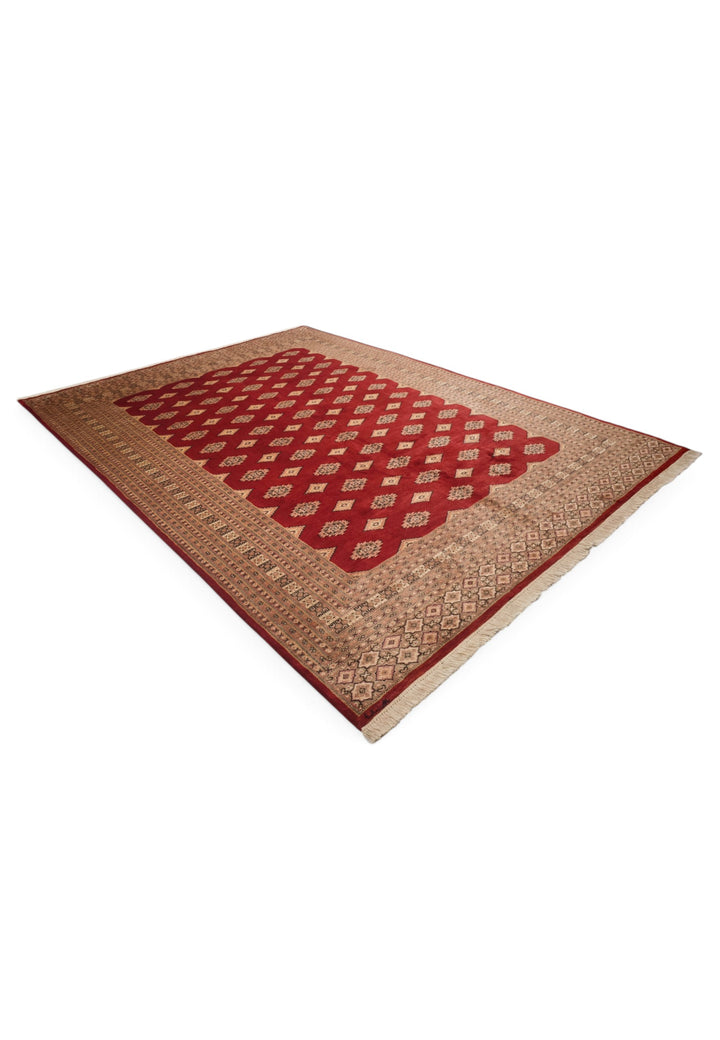 Oxblood and Tan Jaldar Alternating Diamond, Hand-Knotted Wool and Silk Rug