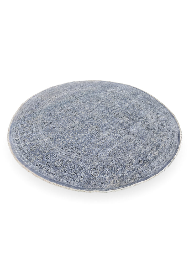 Slate Blue and Silver Floral Round, Hand-Knotted Wool and Silk Rug