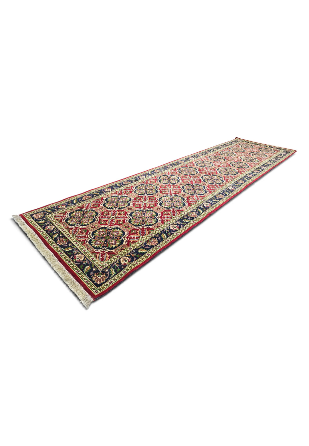 Red and Green Khan Muhammadi Runner, Hand-Knotted Wool