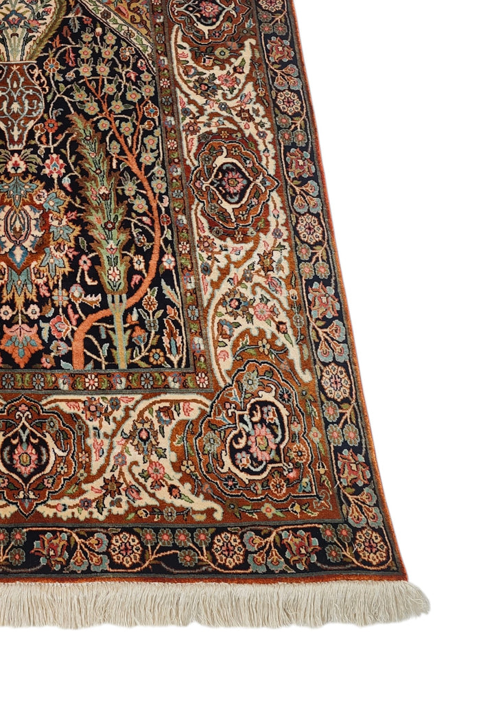 Black and Beige Mihrab Prayer Design, Hand-Knotted Silk Rug