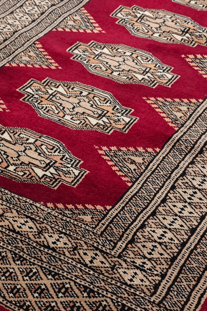 Wine Red and Beige Yamoud Rug, Hand-Knotted Wool