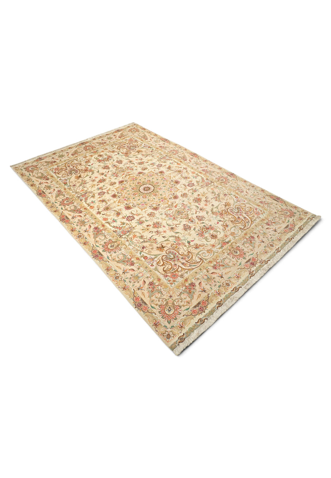 Cream and Gold Radiating Medallion Tabriz, Hand-Knotted Wool Rug