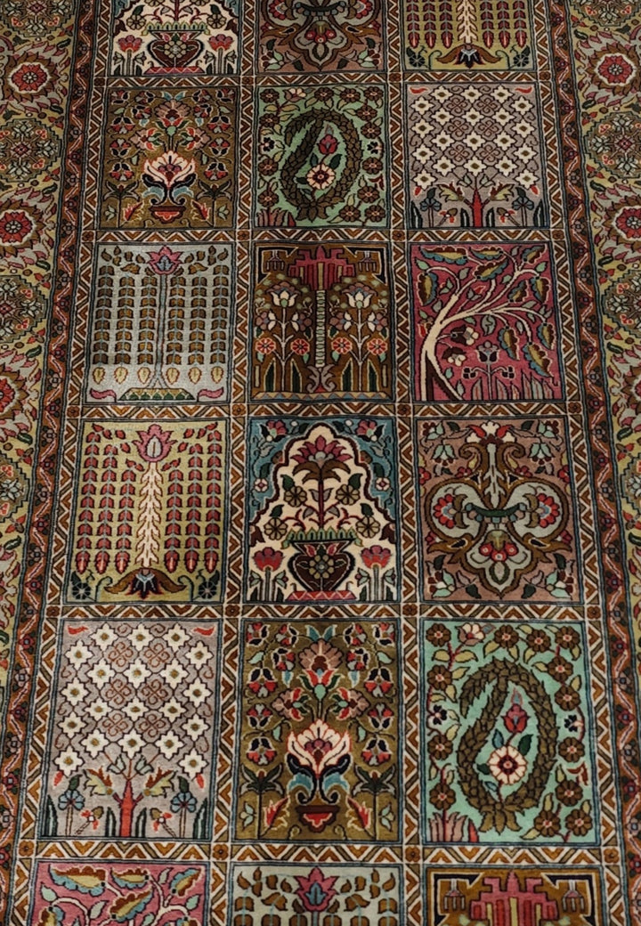 Taupe and Cream Khesti Garden Panel, Hand-Knotted Silk Rug