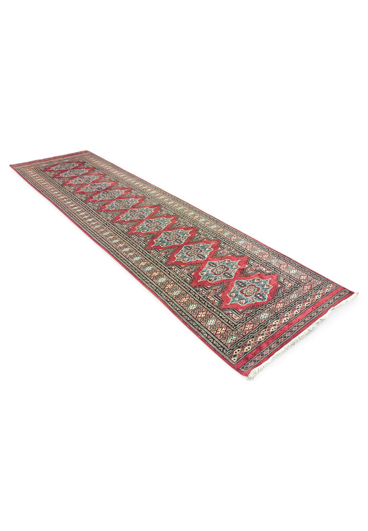 Crimson and Sea Green Jaldar Lozenge, Hand-Knotted Wool Rug