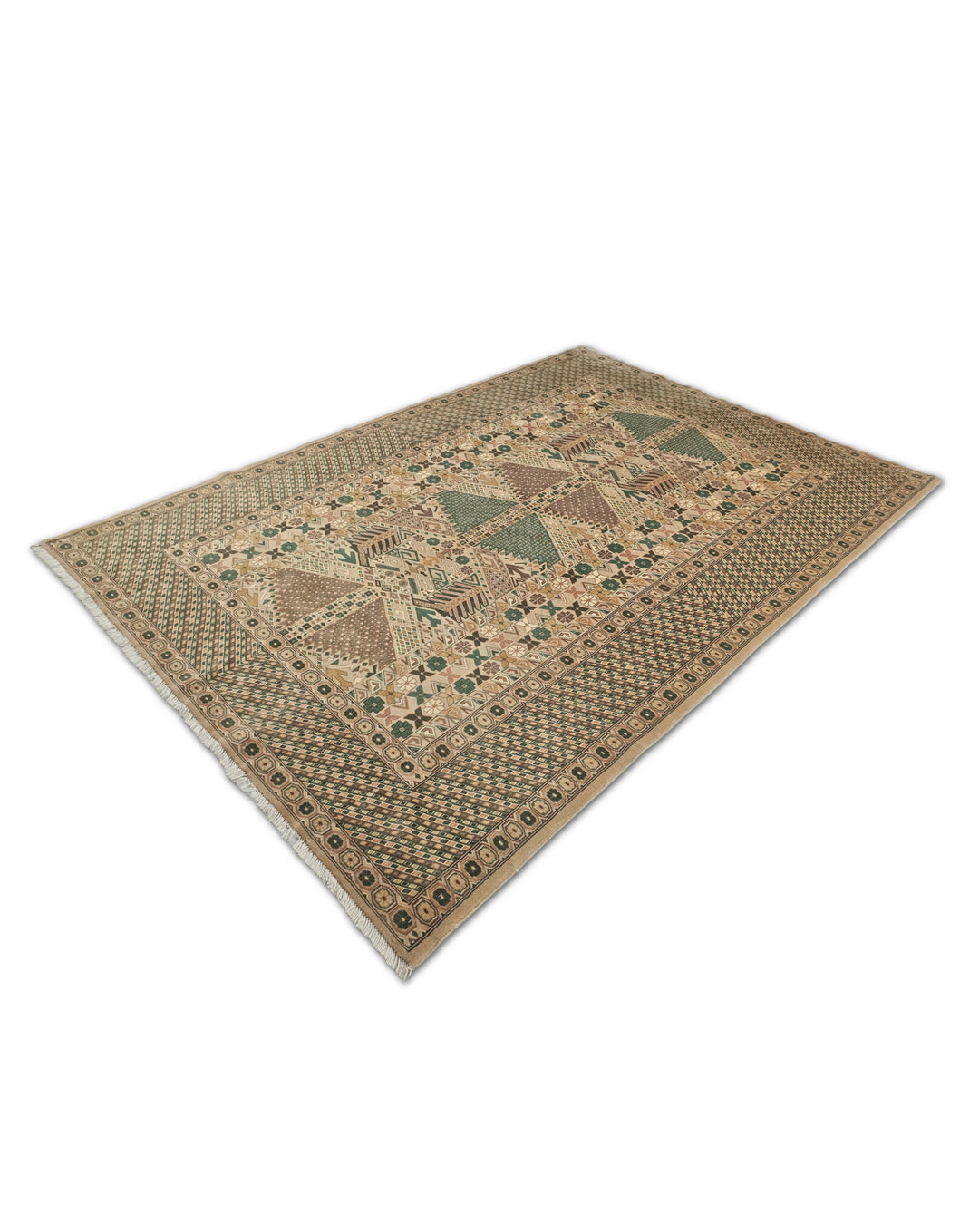 Camel and Green Turkmen Gül, Hand-Knotted Wool Rug