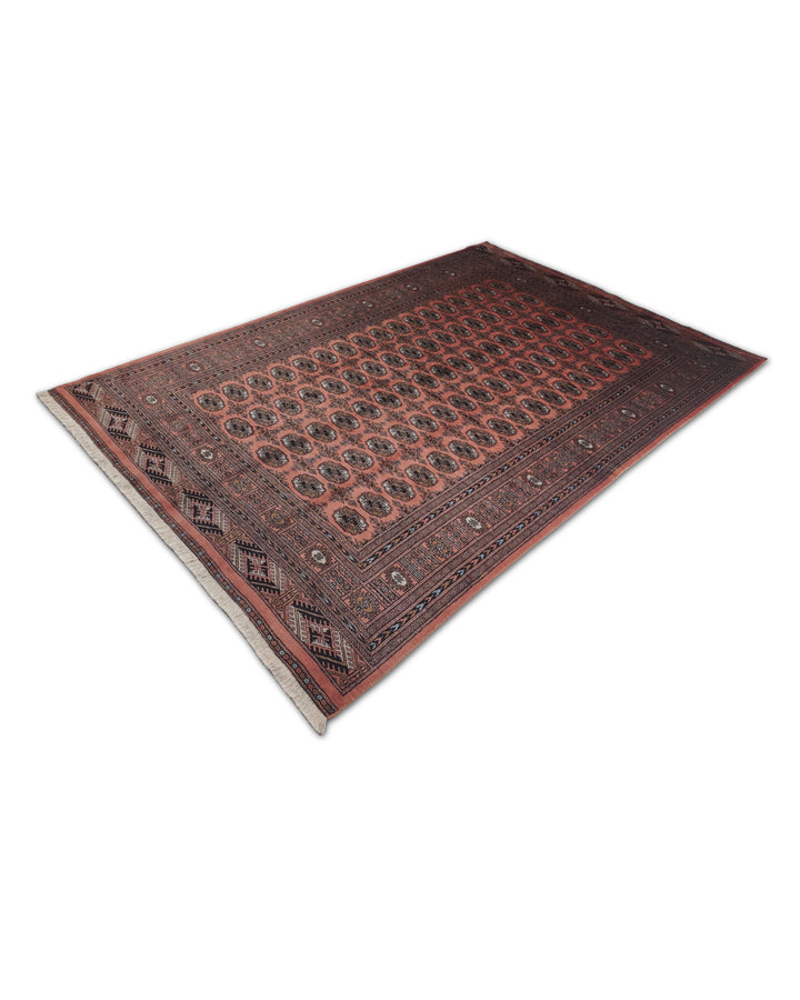 Terracotta and Espresso Turkmen Gül Bokhara, Hand-Knotted Wool Rug