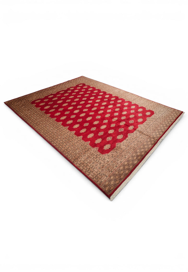 Ruby Red &amp; Cream Diamond Jaldar Rug, Hand-Knotted Pakistani Wool &amp; Silk