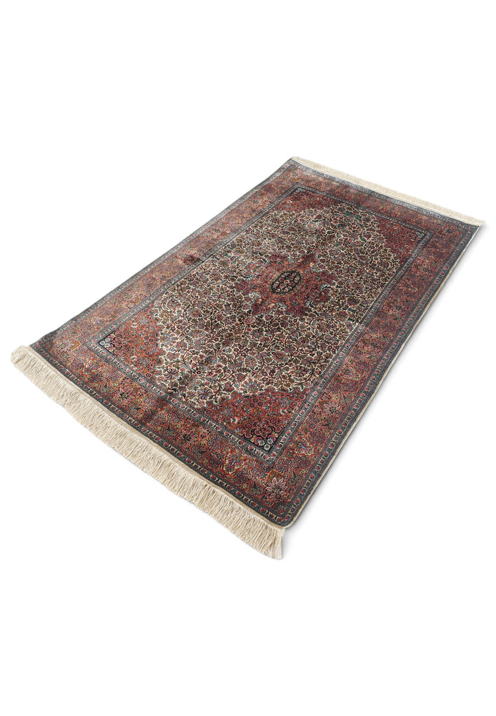Cream and Rust Lobed Medallion, Hand-Knotted Silk Rug