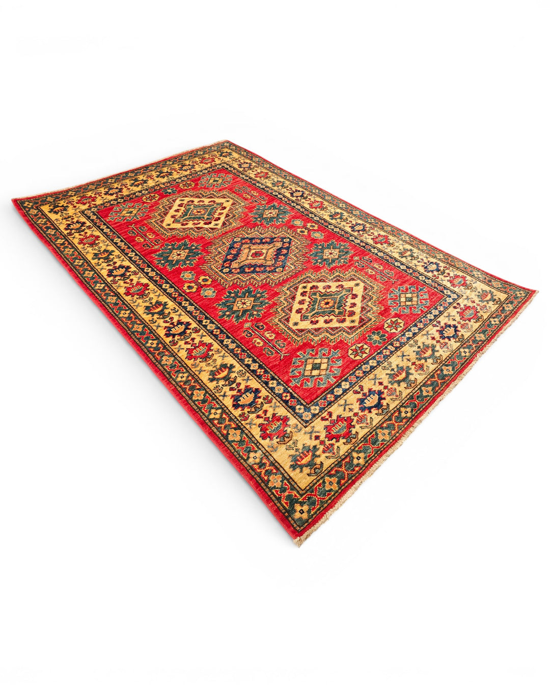 Red &amp; Gold Medallion Kazak Rug, Hand-Knotted Afghan Wool