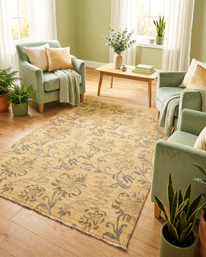 Champagne Lily Gabbeh, Hand-Knotted Afghan Wool &amp; Silk Rug