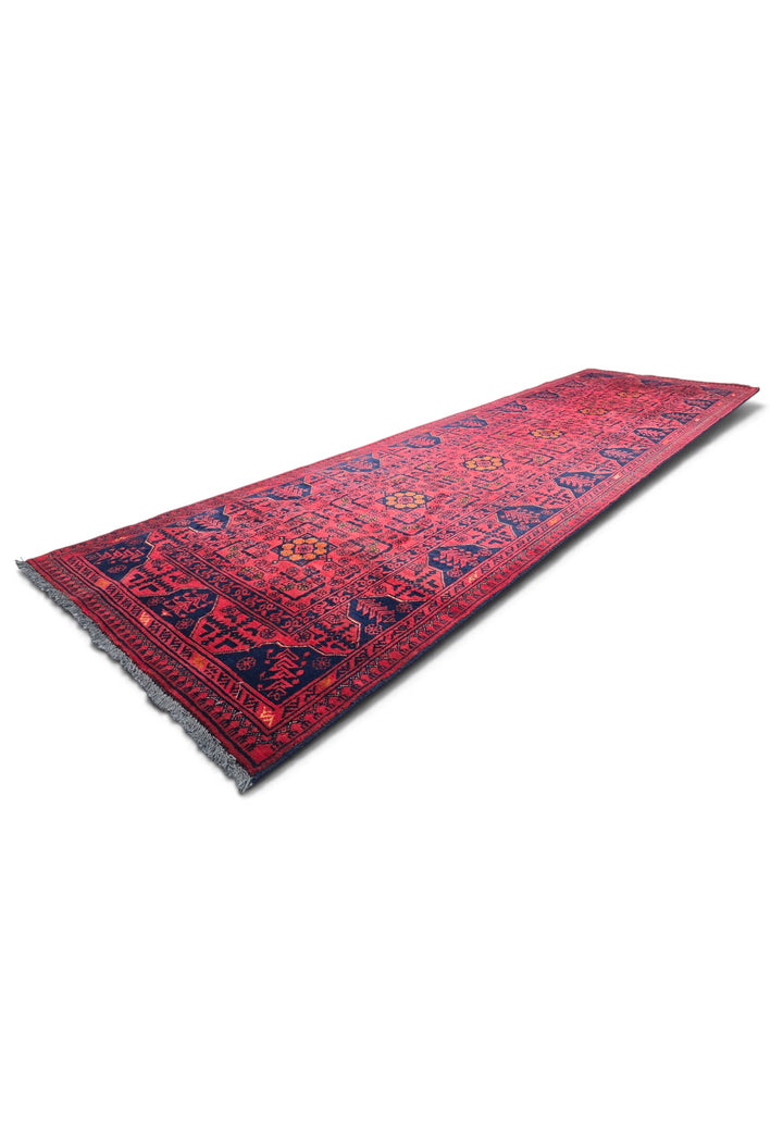 Raspberry Red and Navy Khan Muhammadi Runner, Hand-Knotted Wool