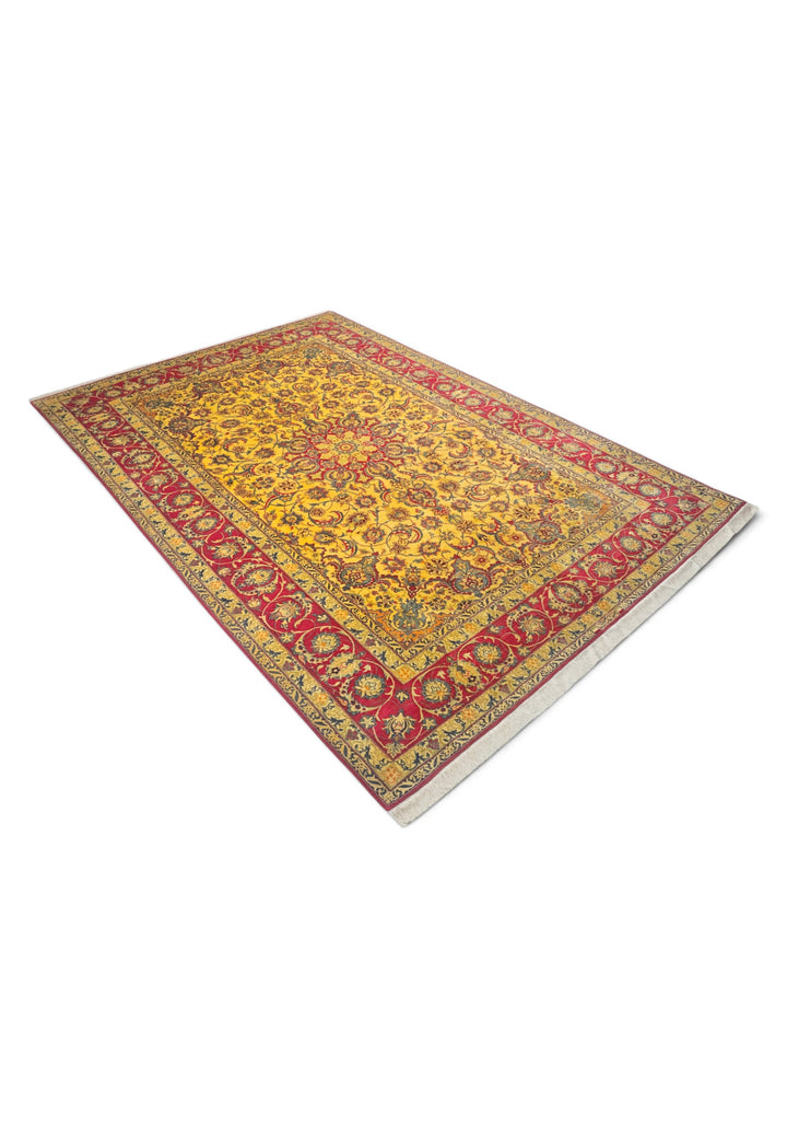 Gold and Crimson Star Medallion Isfahan, Hand-Knotted Wool Rug