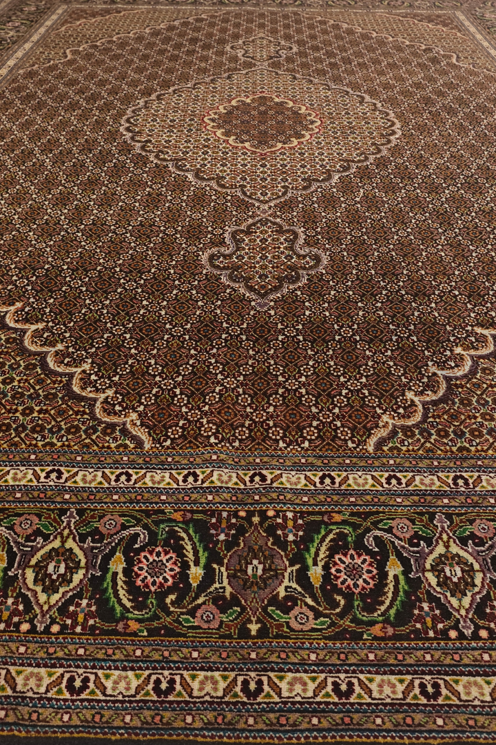 Brown Mahi Medallion Persian Tabriz, Hand-Knotted Wool Rug