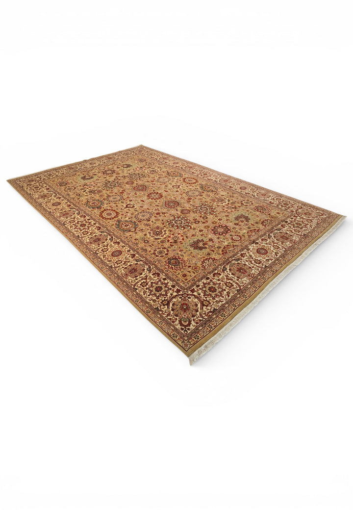 Gold and Ivory Tabriz Floral, Hand-Knotted Pakistani Wool Rug