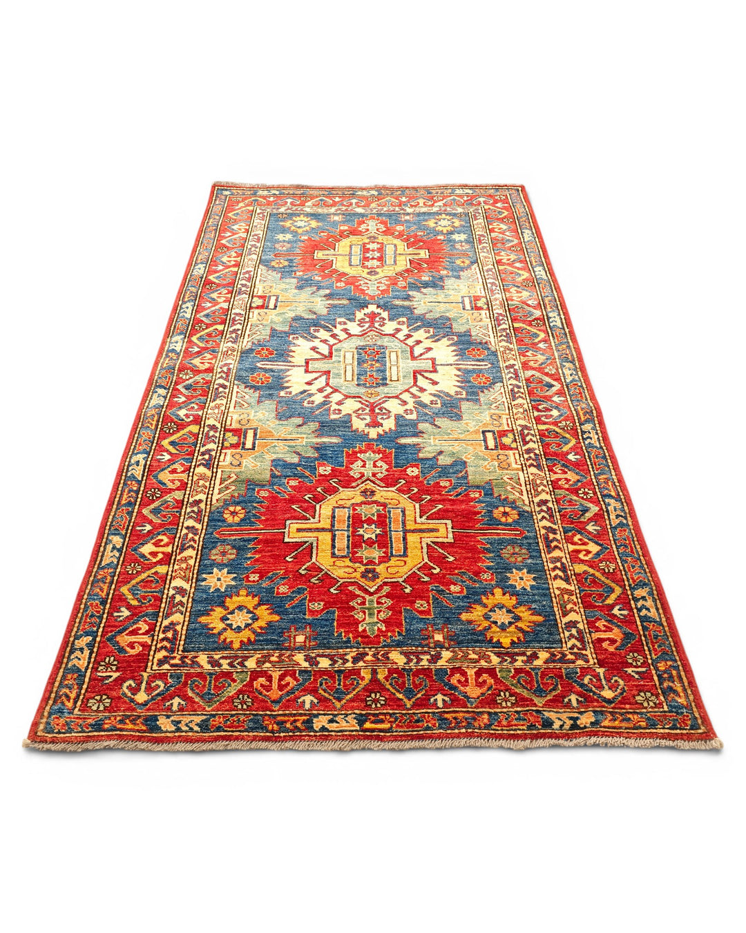Blue &amp; Red Medallion Kazak Rug, Hand-Knotted Afghan Wool
