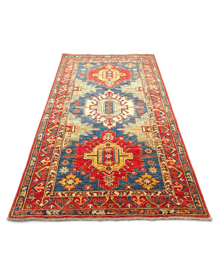 Blue &amp; Red Medallion Kazak Rug, Hand-Knotted Afghan Wool