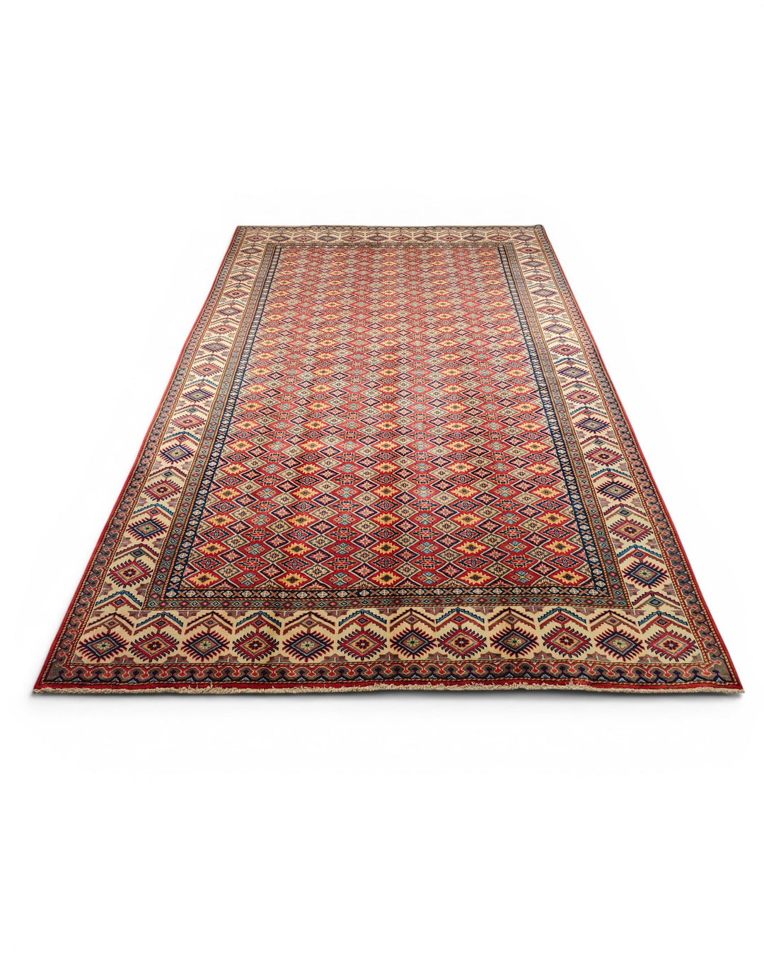 Red All-Over Diamond Lattice Rug, Hand-Knotted Afghani Sherwan